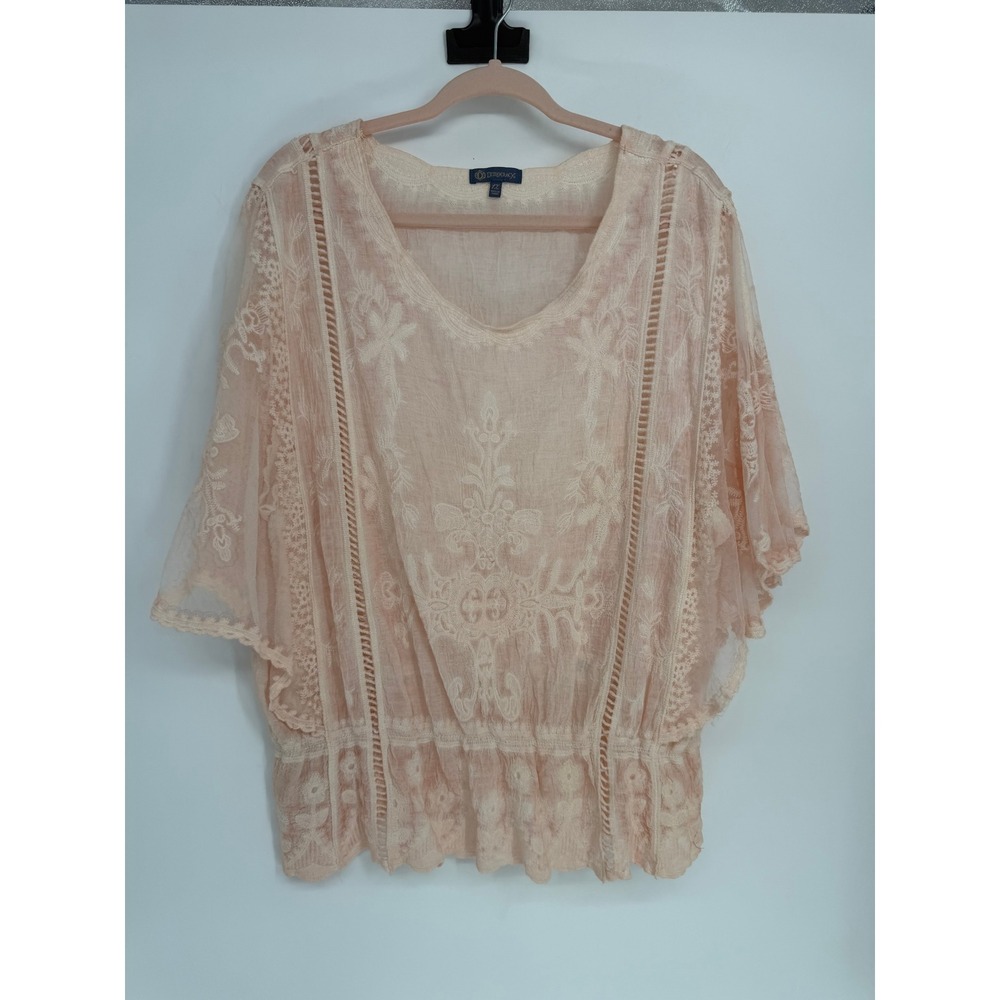 Democracy Women 1X Peach Embroidered Mesh Smocked Waist Flutter Lace Top Fairy
